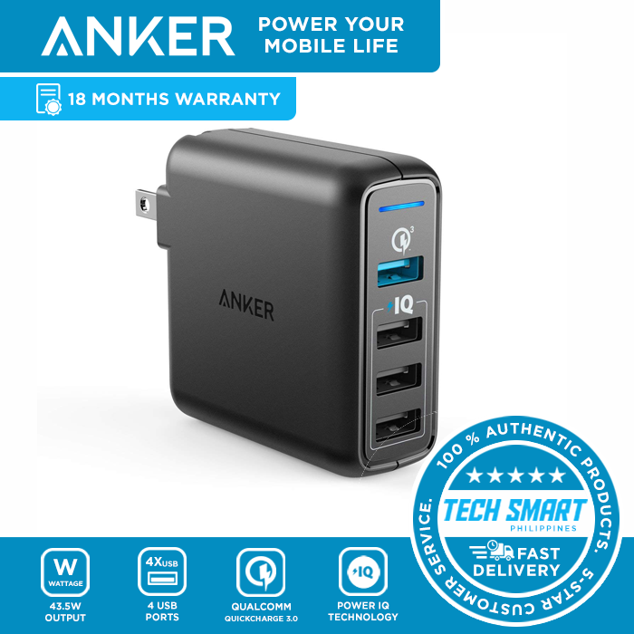 Anker PowerPort Speed 4 43.5W 4-Port UBS Wall Charger with Quick Charge 3.0  and PowerIQ Fast Charger for iPhone, Samsung and More | Lazada PH