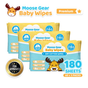 Moose Gear Baby Dry Wipes Premium 180sheets 3PACKS  Thick & Soft Cotton