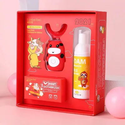 FANTASY T MALL ORIGINAL lanbeibei Childrens Electric Toothbrush U-shaped Rechargeable Waterproof Toothbrush 2-8 Years Old Baby Brushing Safety Toothbrush traning Cow Cartoon Design Tooth Brush (EXCLUDED TOOTHPASTE)