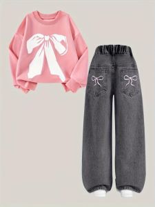 Girls Pink Bow-Patterned Hoodie + Black Bow-Stitched Denim Straight-Leg Pants Set. Suitable for All Seasons.2026