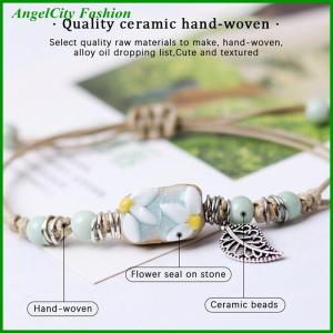 AngelCity Fashion Store Handmade Sunflower Leaf Ceramic Bracelet Boho Adjustable Jewelry For Women Vintage Ethnic Gift