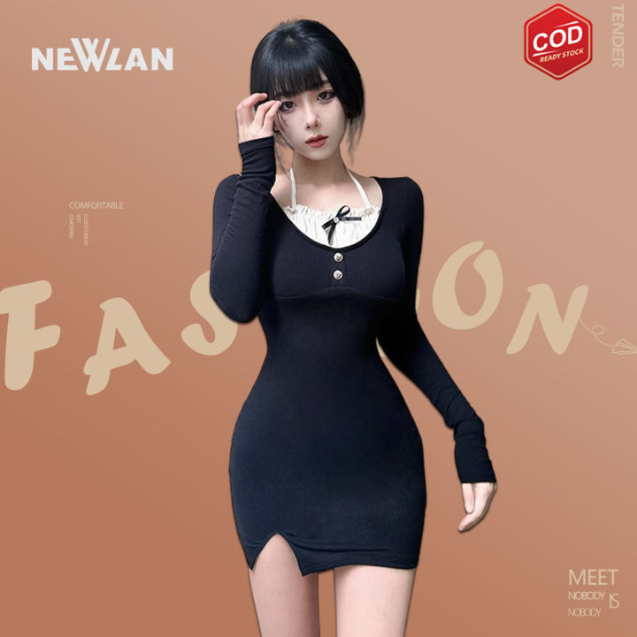 Newlan QZ124 Dress Bodycon Slim Bell Sleeve Mini Dress Wanita