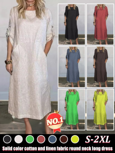 Womens Long Cotton Linen Round Neck Long Dresses