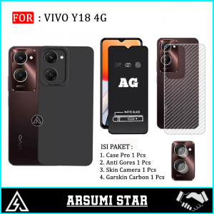 Paket 4in1 Soft Case Vivo Y18 4G Casing Black Matte Tempered Glass Skin Carbon TG Camera