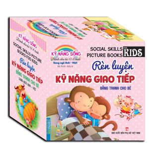 Combo 2 bộ hộp Rèn luyện kỹ năng giao tiếp bằng tranh cho bé 8 cuốn+rèn luyện thói quen tốt 8 cuốn -song ngữ Việt