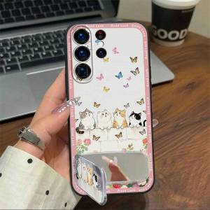 Dirt-resistant Kickstand Phone Case For Samsung Galaxy S26 Ultra Cloth Patch Phone Pouch Makeup Mirror Protective Cute
