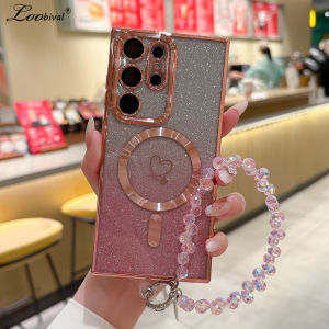 Glitter Magnetic Love Heart Wrist Chain Case for Samsung Galaxy S25 S24 Ultra S23 FE S22 S21 Plus Bracelet Gradient TPU Cover