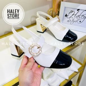 Giày búp bê marry khóa tròn HALEY STORE gót 7cm quai ngang đính khóa đá mũi tròn tiểu thư công chúa cổ điển vintage