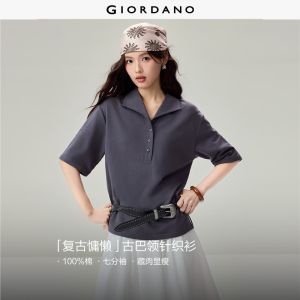GIORDANO Women Polo Shirts 100% Cotton Lapel Collar Polo Shirts 3/4 Sleeve Fashionable Casual Regular Polo Shirts 05316781
