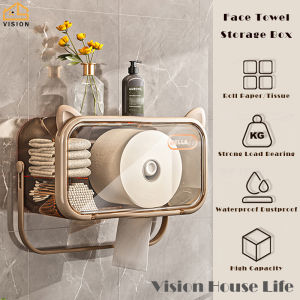 Vision Wall Mounted Tissue Storage Box Toilet Tissue Paper Roll Holder Bathroom Washcloth Storage Rack No Screw Nail Needed Self Adhesive