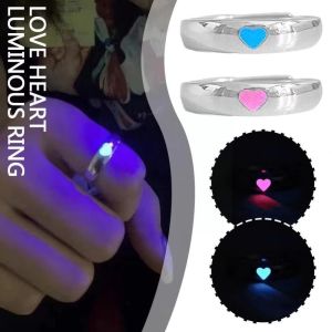 JUNOTERNEY Blue Pink Color Luminous Ring Vintage Style Punk Style Glow In Dark Ring Fluorescent Love Heart Ring for Women Men