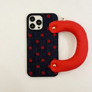 ♥Ready Stock +FREE Shipping+COD♥2024 NEW Korean INS Denim Cloth Red Polka Dots Vintage Chic Phone Case for iPhone 16 15 14 13 Pro Max Back Phone Cover Capa