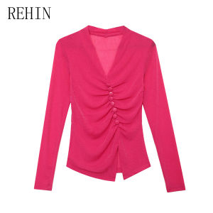 REHIN Autumn V-Neck Backless Mesh Slim-Fit Long Sleeve T-Shirt - Trendy and Chic Base Layer Elegant Womens Top