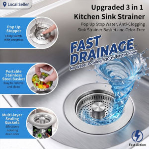 Pop-Up Kitchen Sink Drain Filter (75-87mm SUS304) Anti Clog Fast Draining Plug