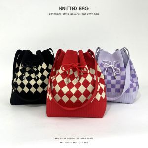 GENENIC Soft Houndstooth Bucket Bag Commute Bundle Pocket Diamond Drawstring Bag Trendy Large Capacity Knitted Checked Shoulder Bag Girls