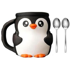 Cartoon Penguins Dessert Accessories Ergonomic Grip And Double Spoons Secret Drawer Ice Cream Pints Cup Holder Set