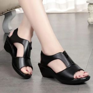 Block Heel Thick Bottom 2 Inches-high Soft Sole Zipper Black Wedge Sandals For Women Walking Shoes Shoes