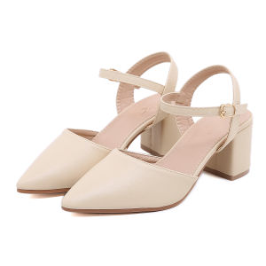 [JY] Korean  fashion 2 inch  pointed toe leather chunky heel sandals for women.