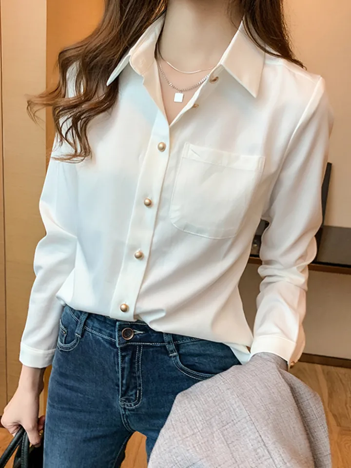 Office Long Sleeve White Woman Shirt Korean Chiffon Women Blouse With Tie Fashion  Tops V Neck Loose Female Clothing : Buy Online at Best Price in KSA - Souq  is now 