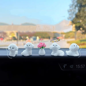 Set 4 chó trắng và bình hoa tí hon dễ thương tiểu cảnh bày bàn làm việc bàn học tủ sách taplo ô tô đỉnh màn hình
