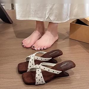 [Free Shipping] Polka Dot Wedge Sandals For Women 2026 Summer New Style Comfortable To Wear Square-Toe High-Heeled Sandals
