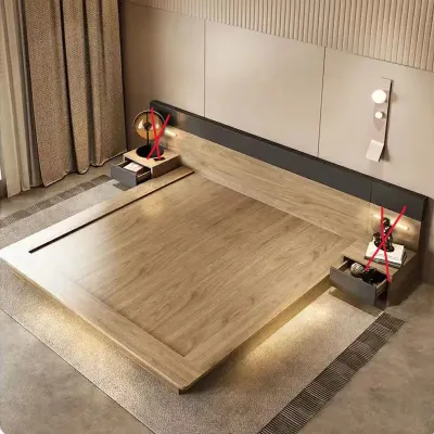 JZX Luxury Japanese Tatami Bed Frame with LED Lighting option and Storage - Modern Wood Platform Mattress Bed for Couples