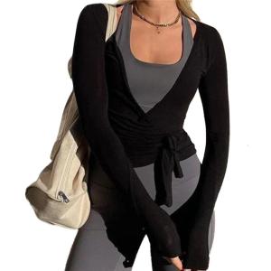 เสื้อเบลาส์ระบายอากาศสำหรับผู้หญิงเสื้อเอวลอยแขนยาวคอวีเสื้อโยคะผูกขึ้นเสื้อบัลเล่ต์ออกกำลังกาย