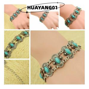 HUAYANG01 [HOT FASHION] แฟชั่นโบฮีเมียนเซ็กซี่กำไลข้อมือสีเงินเทอร์ควอยซ์สำหรับผู้หญิงเครื่องประดับสายรัดข้อมือ