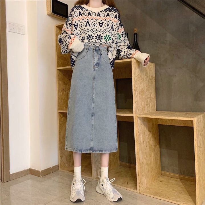 Chân váy jean dài qua gối màu xanh đá, phom chữ A nhẹ, lưng cao co dãn mạnh  3170 MLJ | Shopee Việt Nam