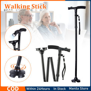 Folding Walking Cane Men and Women Adjustable Canes with LED Light and Pivoting Quad Base for Arthritis Disabled and Elderly