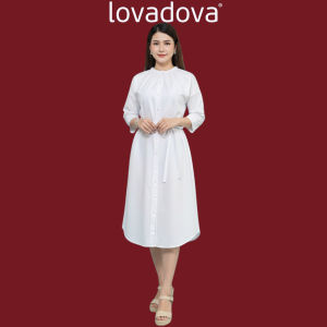 Đầm Sơ Mi Lovadova Dáng Dài Cổ Bo Nhún Tay Lửng Cột Nơ Eo Vải Linen Công Sở Dạo Phố KD0302