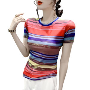REHIN Womens T-shirt Summer Fashion Mesh Rainbow stripes Printed Short-sleeved Round-neck Shirt Slim-fit S-3XL Trendy Top with Floral Design Blouse
