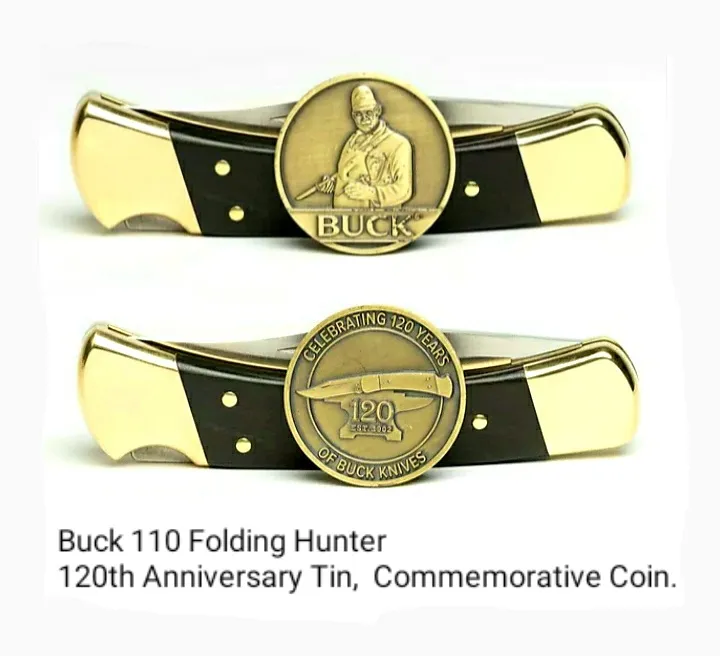 Buck Knives 110 Folding Hunter with Coin, 120th Anniversary Knife Tin 