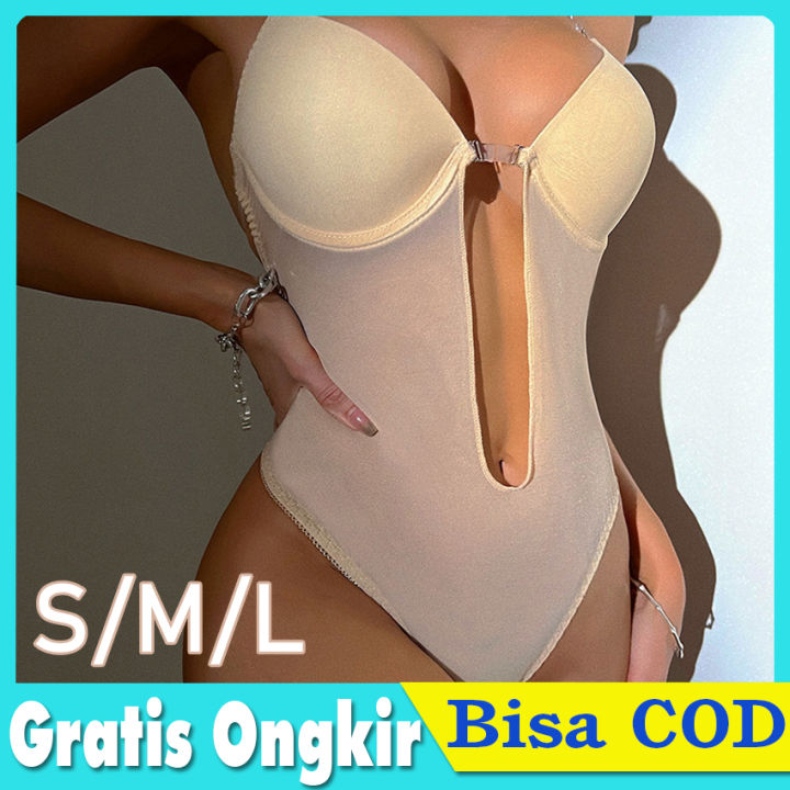 Women Backless Bra Bralette Bodysuit Shapewear Deep V-Neck Body Shaper Backless U Plunge Thong Shapers Pakaian Dalam + Celana Dalam