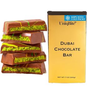 UniqBite Dubai Chocolate Bar Pistachio 7 oz (200gr) Crunchy Loaded Knafeh Chocolate Bar with Pistachio Cream and Kataifi