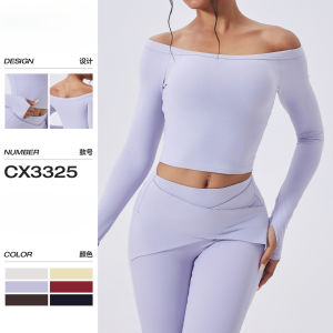 High-end yoga clothes womens sportswear one-word collar tight long-sleeved nude fitness waist running long-sleeved bra yoga clothes