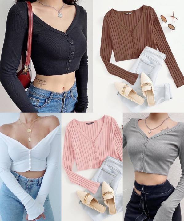 V Neck Button Down Front Ribbed Long Sleeves Cardigan Crop Top