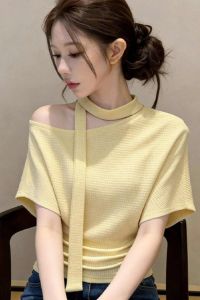 Fashion short-sleeved off-shoulder T-shirt womens new slanted shoulder lace-up short-sleeved T-shirt design waist off-shoulder versatile top