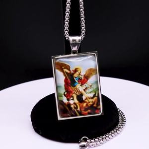 [Charmstone]Saint Michael Arcanjo Michael Archangel สร้อยคอสแตนเลสสร้อยคอแก้วสำหรับผู้ชาย/ผู้หญิงสีเงิน Gabriel เครื่องประดับ NBL24