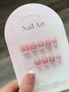 【HANDMADE】square round Artificial Nail art French Gradient Crushed Diamond Nude Pink Milky White Phototpy Nails  Reusable and Removable Nails
