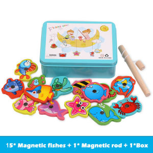 Magnetic Fishing Toy Wooden Cartoon Animals Magnetic Toys with Iron Box Baby Early Learning Toy