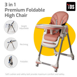 IdealKids 3 in 1 Premium Reclining Baby High Chair Foldable Baby High Chair with Recline Adjustable Height & Wheels Baby Feeding Chair with Belt Tray | Kids High Chair for Baby 6 Months to 4 Years Boys Girls