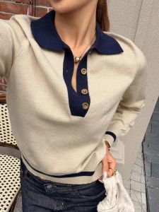 Korean Style Color Block Polo Neck Knitwear Womens Slim Fit Long Sleeve Base Shirt Autumn Winter Fashion Casual Top2026