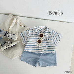 Set bộ sơ mi kẻ ngang phối túi cho bé trai áo sơ mi kẻ kèm quần short kaki 9đến 26kg BERNIE P1224B19
