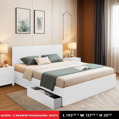 KENZZO Queen Bedframe With 2 Drawers / Wooden Queen Bed Frame with Headboard Katil Queen Kayu / Wooden Bed Frame