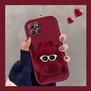 Phone Case Honor X6C HonorX6C Casing Stylish 3D Red Plush Coal Ball Couple with Pearl Plush Wristband Lens Protection Soft Back Cover 2025
