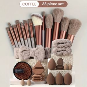 O-New 33pcs Makeup Brush Set Soft Bristles Blush Powder For Eyeshadow Foundation Blush Blender Concealer Travel Beauty Tool