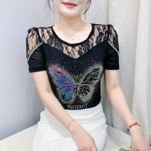 Yimei Mùa Hè Phong Cách Hàn Quốc của phụ nữ màu đen phía trên nặng bướm dập nóng T-Shirt ôm vừa và thời trang Jacquard cổ tròn áo sơ mi
