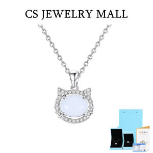 สร้อยคอรูปลูกแมวสีขาวคาลเซโดนีสำหรับผู้หญิง เงินสเตอร์ลิง 925 น่ารักและอ่อนหวาน เป็นของขวัญระดับไฮเอนด์