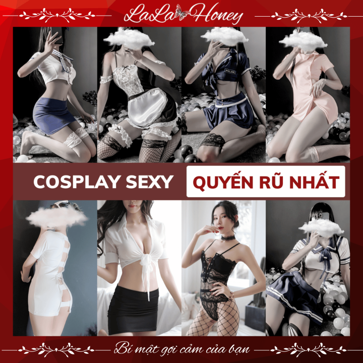 Bộ Đồ Ngủ Cosplay Sexy Cô Hầu Gái Nữ Học Sinh Y Tá Thỏ Mèo Đen Váy Đầm